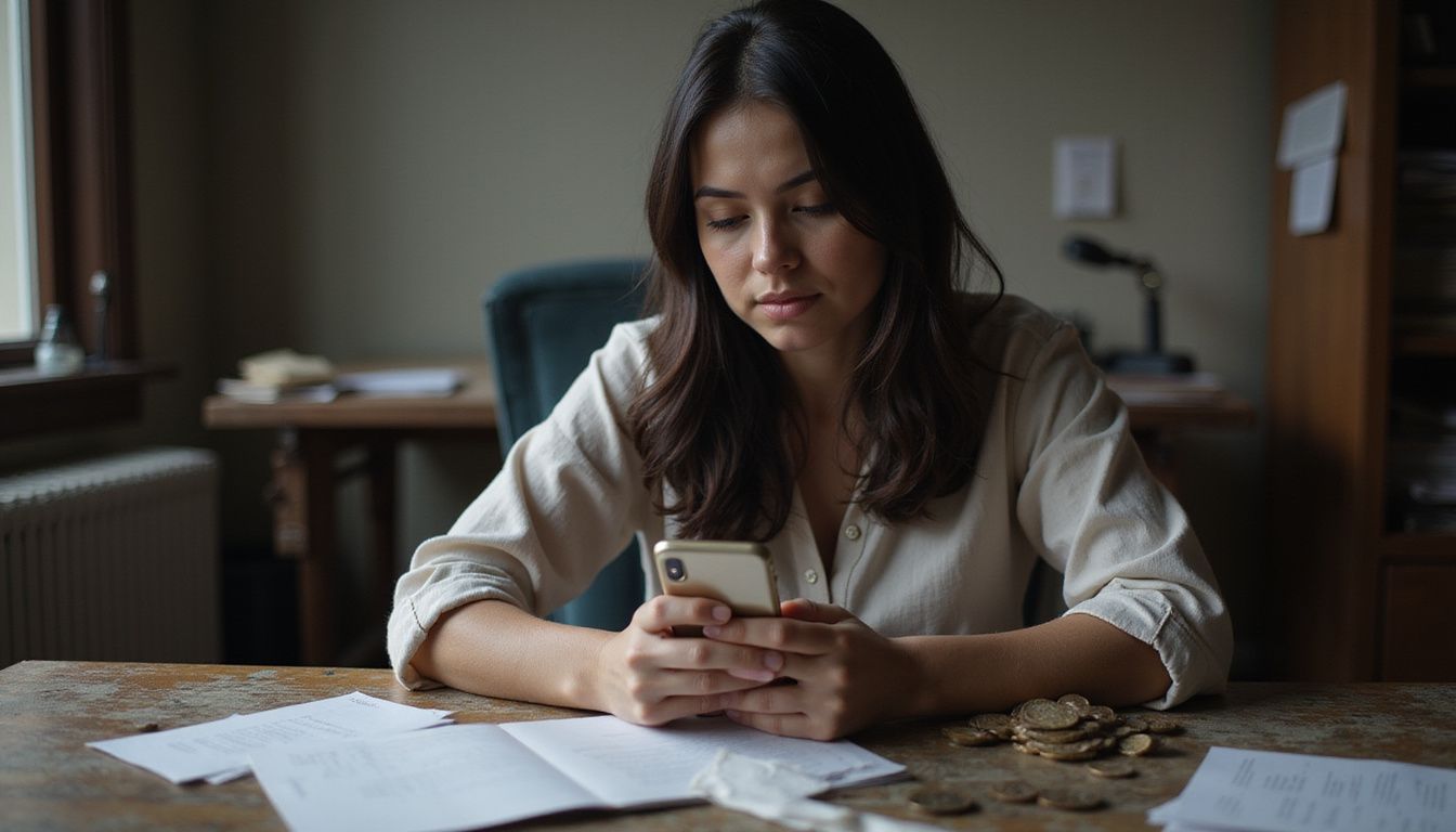 A woman sits at a cluttered desk, gazing at her smartphone. A woman sits at a cluttered desk, gazing at her smartphone.