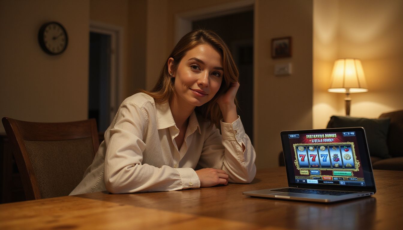 A woman excitedly plays online slot machine on her laptop. A woman excitedly plays online slot machine on her laptop.
