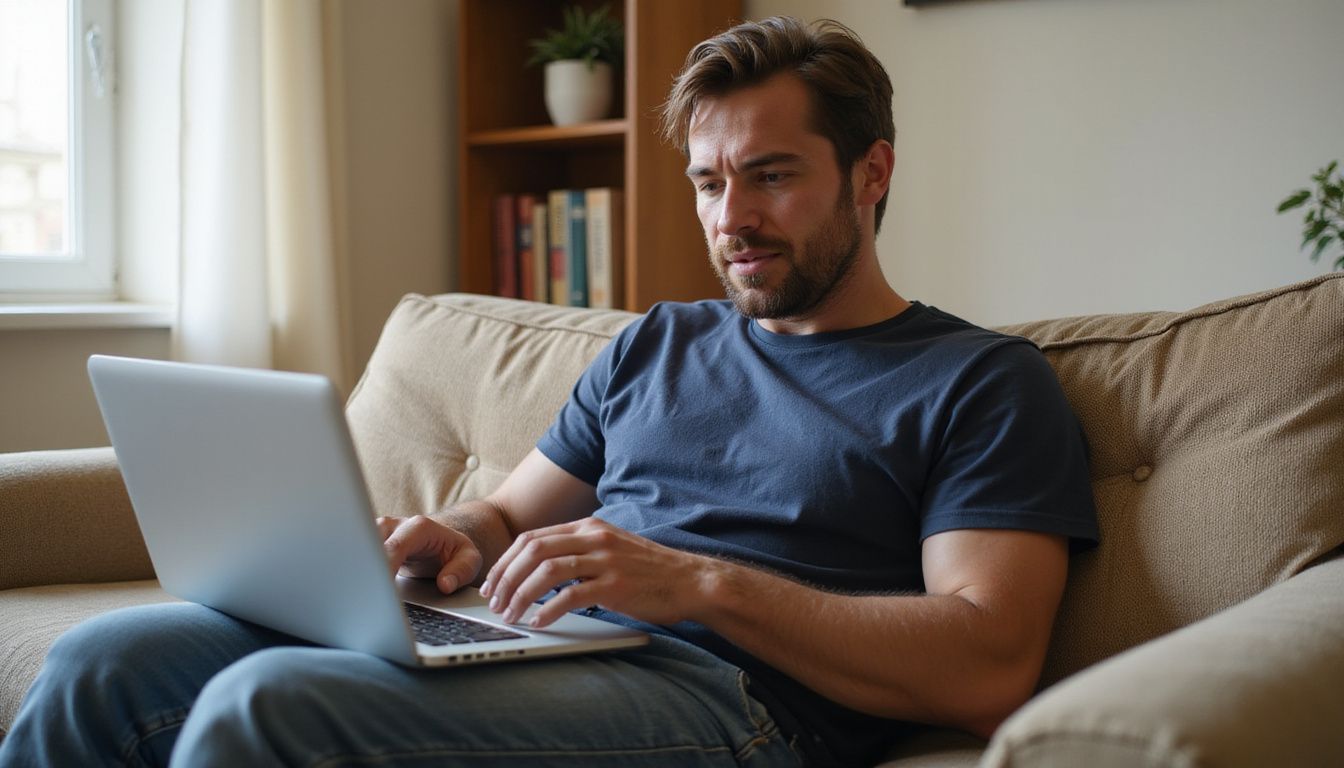 A man in his mid-30s sits on a well-worn couch, playing a slot game on his laptop in a sunlit living room. A man in his mid-30s sits on a well-worn couch, playing a slot game on his laptop in a sunlit living room.