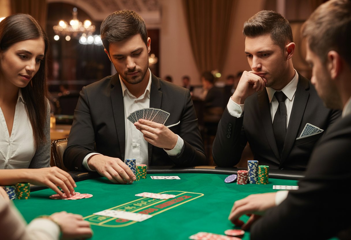 A group of diverse players focused on a poker game around a green felt table with poker chips and cards in an elegant casino setting.