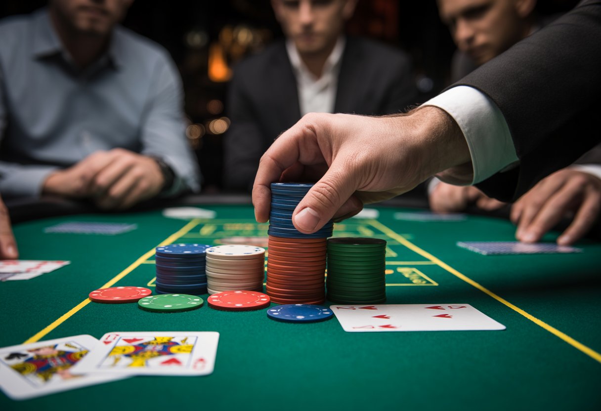 Close-up of a poker table with chips and cards, showing a player pushing chips forward during a game.