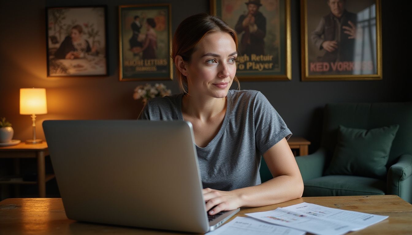 A woman in her 30s sits at a wooden desk, playing online slots on her laptop. A woman in her 30s sits at a wooden desk, playing online slots on her laptop.