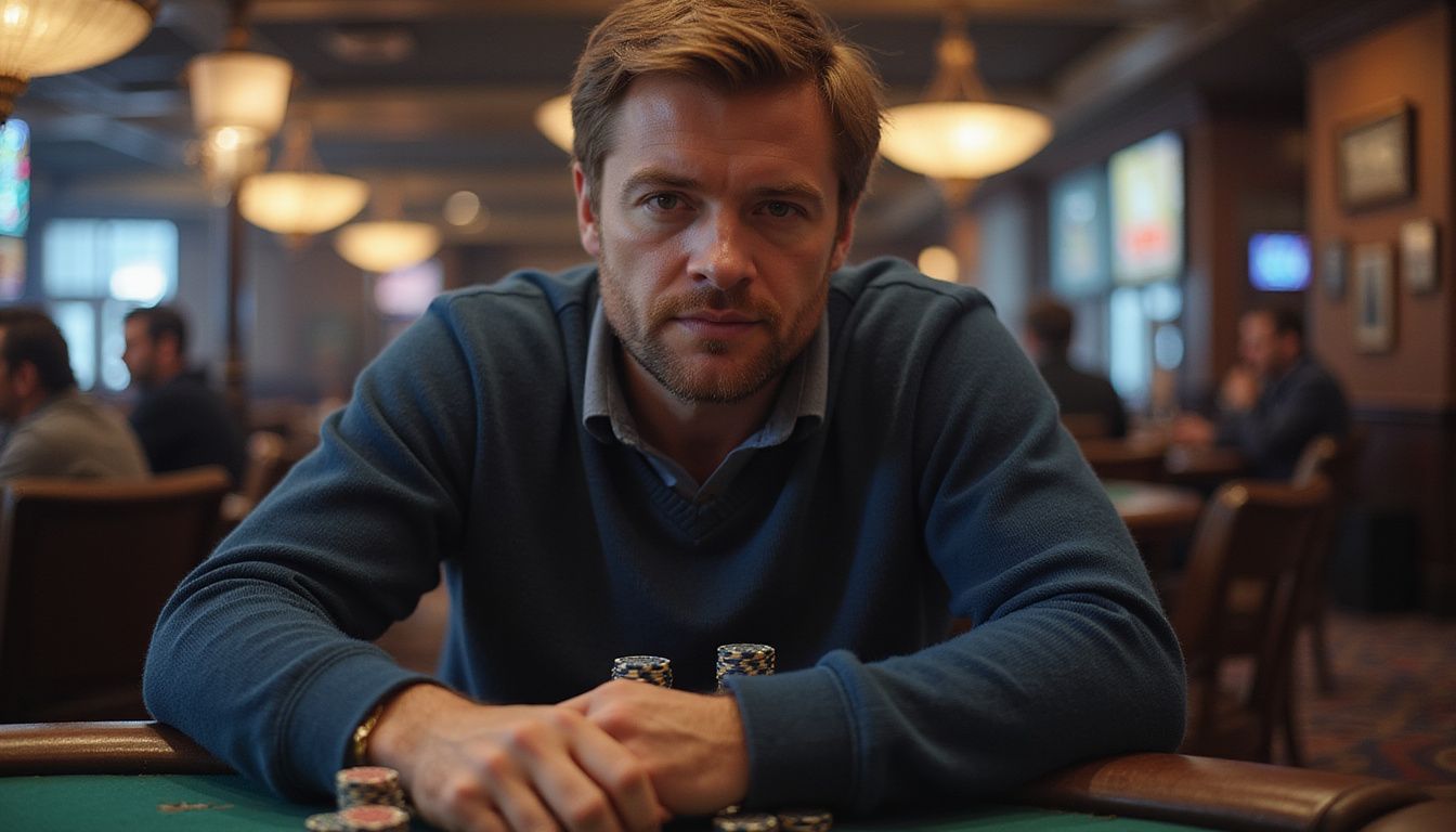 A man in his forties, wearing a navy sweater, sits at a blackjack table in a casino, focused on his next move. A man in his forties, wearing a navy sweater, sits at a blackjack table in a casino, focused on his next move.